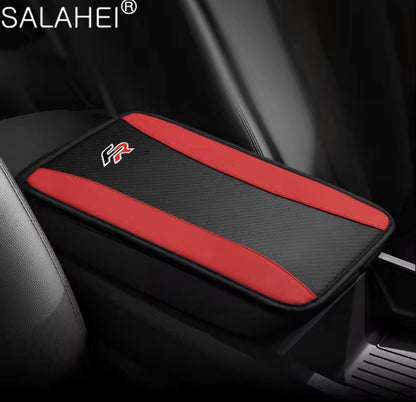 Red FR Armrest Cover Carbon Fibre Effect PU Leather For Seat Leon Ibiza Arona