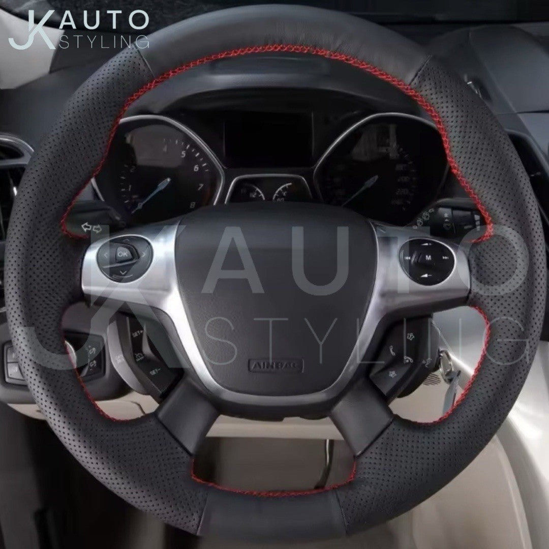 Ford Focus MK3 2012-2014 Kuga Black Leather Steering Wheel Cover Red Stitch