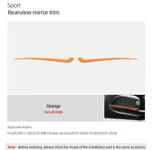BMW X3 G01 G08 X4 G02 2017-2024 Orange Wing Mirror Liner Strips 2pcs