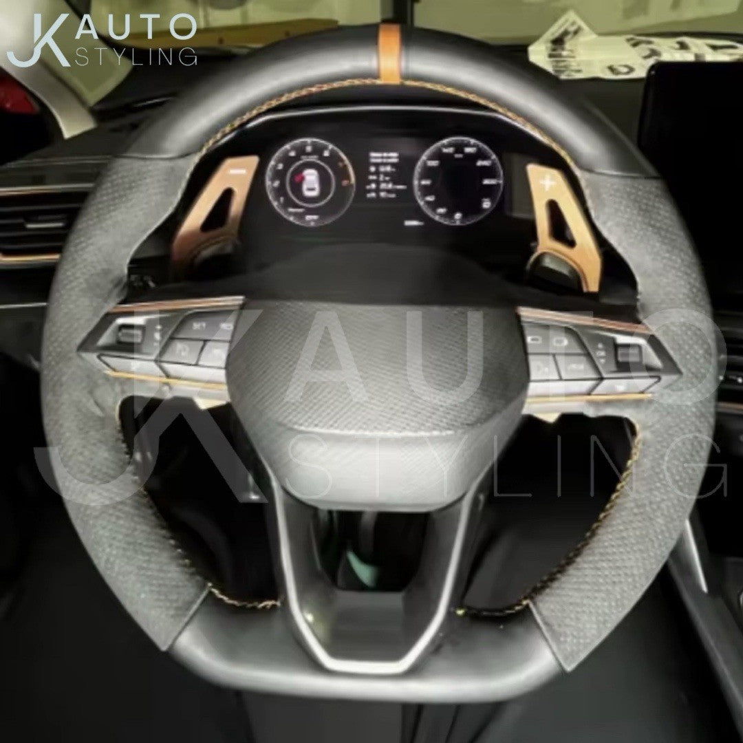 Suede/Leather Steering Wheel Cover Self Stitch Orange For Cupra Seat Leon Ibiza