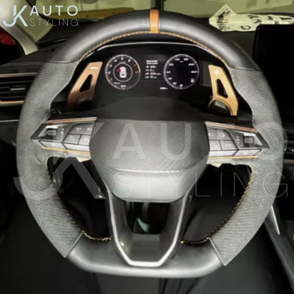 Suede/Leather Steering Wheel Cover Self Stitch Orange For Cupra Seat Leon Ibiza