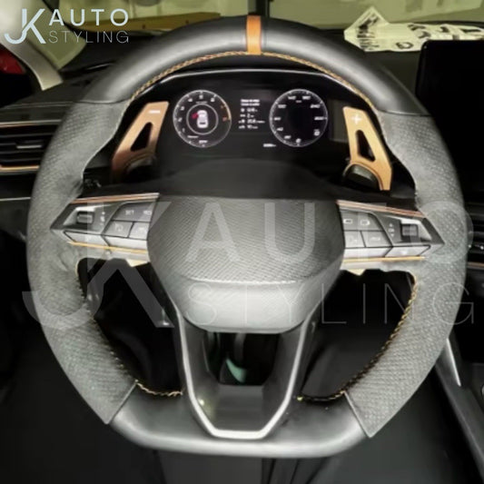 Suede/Leather Steering Wheel Cover Self Stitch Orange For Cupra Seat Leon Ibiza