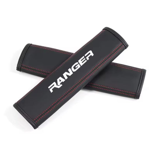 Ford Ranger PU Leather Seatbelt Shoulder Cover Pads Black With Red Stitch
