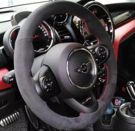 Mini JCW F56 Clubman JCW Suede Steering Wheel Cover Self Stitch Red Thread