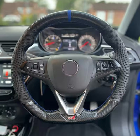 Vauxhall Astra K Corsa E Leather & Carbon Fibre Steering Wheel Cover Self Stitch