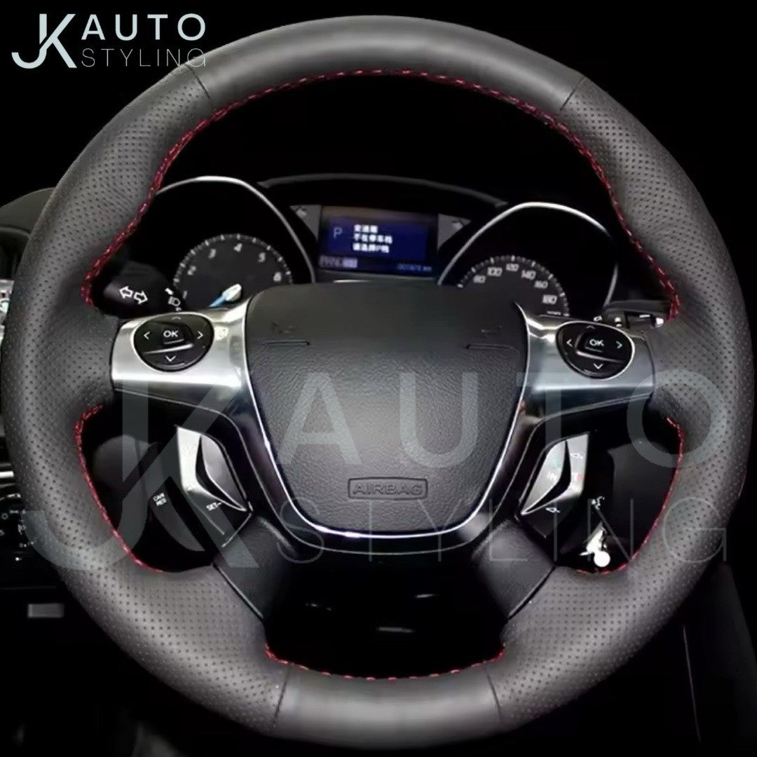 Ford Focus MK3 2012-2014 Kuga Black Leather Steering Wheel Cover Red Stitch