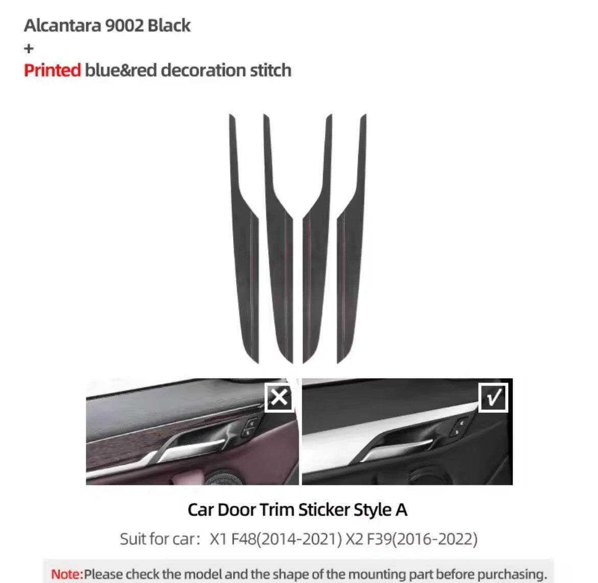 BMW X1 F48 X2 F39 2014-2022 Black Alcantara Door Card Panel Trim Covers 4pcs (A)