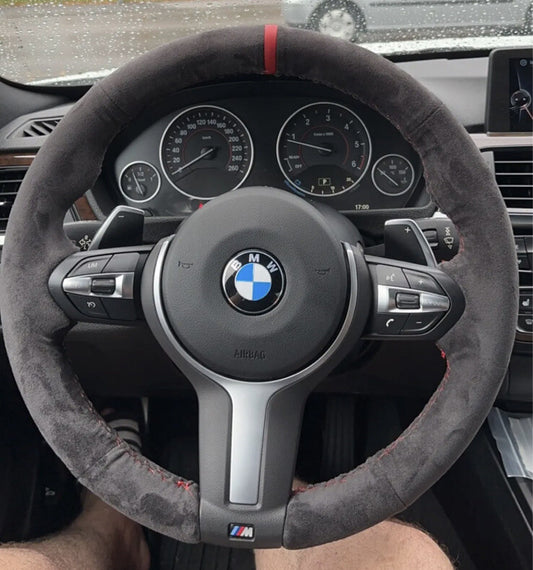 BMW 12345X Series M Sport Suede Steering Wheel Cover Red Thread & Centre Line