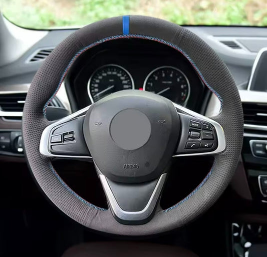 BMW F45 F46 X1 F48 X2 F39 Faux Suede Steering Wheel Cover Self Stitch Blue Red