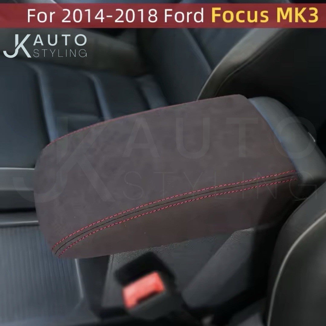 Ford Focus MK3.5 2015-2018 Black PU Suede Armrest Cover Protector Red Stitch