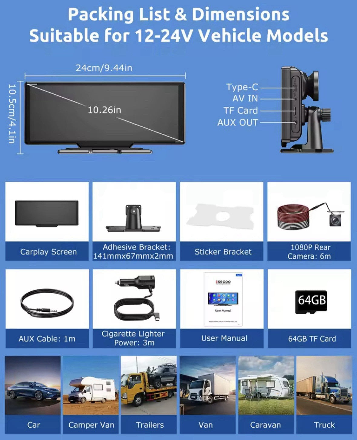 10.26"  Universal Carplay Android Auto Screen Display Dash Cam & Reverse Cam 64G
