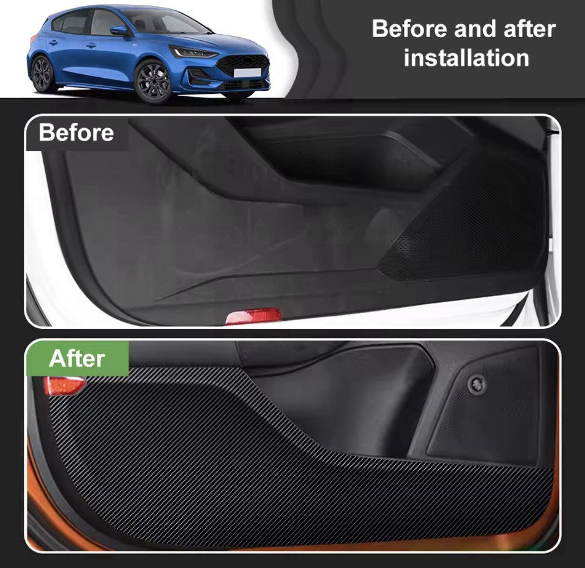 Ford Focus MK4 2019-2025 Carbon Fibre Vinyl Lower Interior Door Card Wrap 4pcs