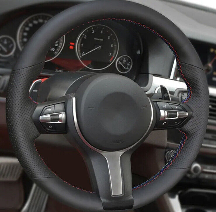 BMW M Sport Leather Steering Wheel Cover Self Stitch Blue Navy Red Thread