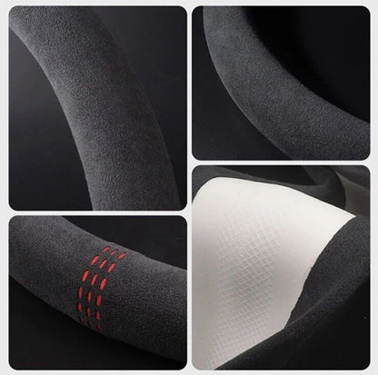 38cm Black Suede Flat Bottom Steering Wheel Cover Red Centre Line Universal Fit
