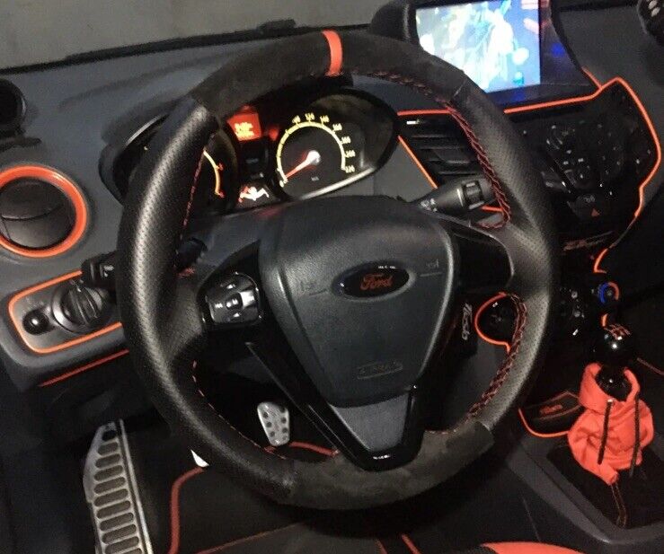Ford Fiesta MK7/7.5 Black Suede Leather Steering Wheel Cover Red Thread & Line