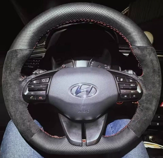 Hyundai I30 Veloster Leather Suede Steering Wheel Cover Self Stitch Red Thread
