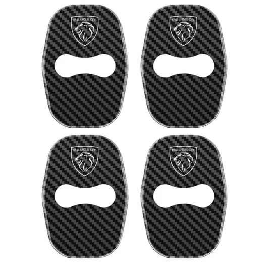 Peugeot Carbon Fibre Effect Stainless Door Lock Catch Protector Covers 4pcs