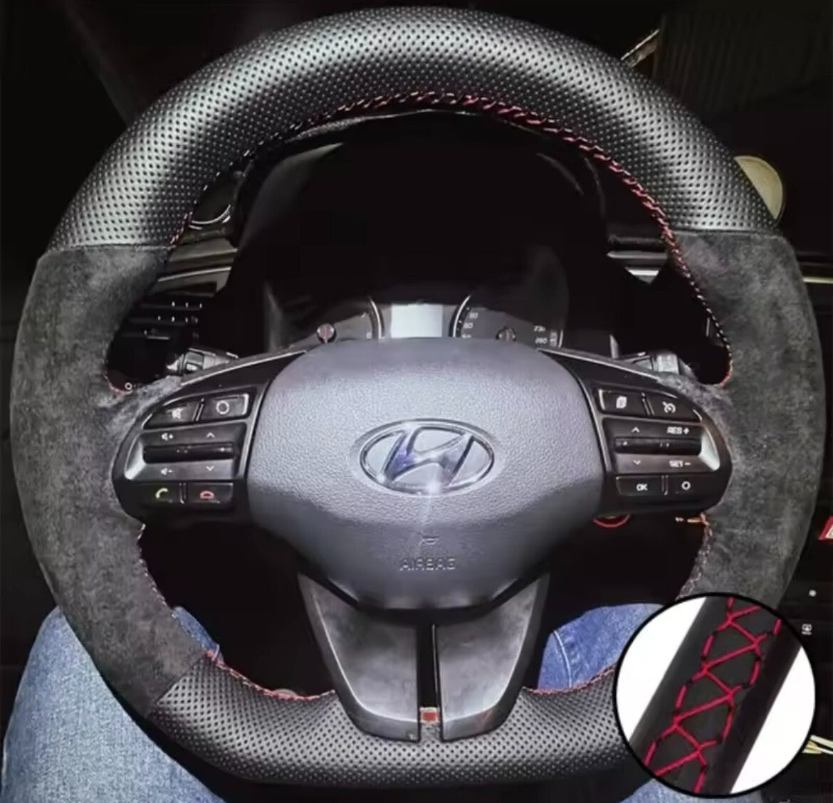 Hyundai I30 Veloster Leather Suede Steering Wheel Cover Self Stitch Red Thread