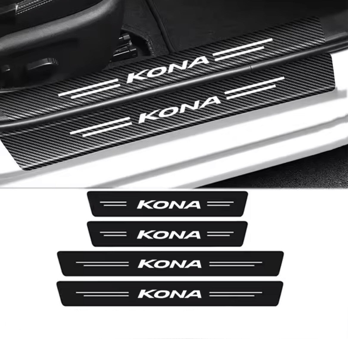 Hyundai KONA Carbon Fibre Effect Vinyl Adhesive Door Sill Overlay Strips 4pcs