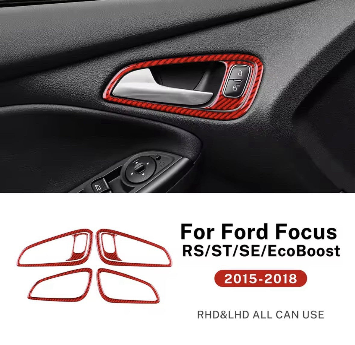 Ford Focus MK3.5 2015-2018 Red Carbon Fibre Interior Door Handle Surround Trims