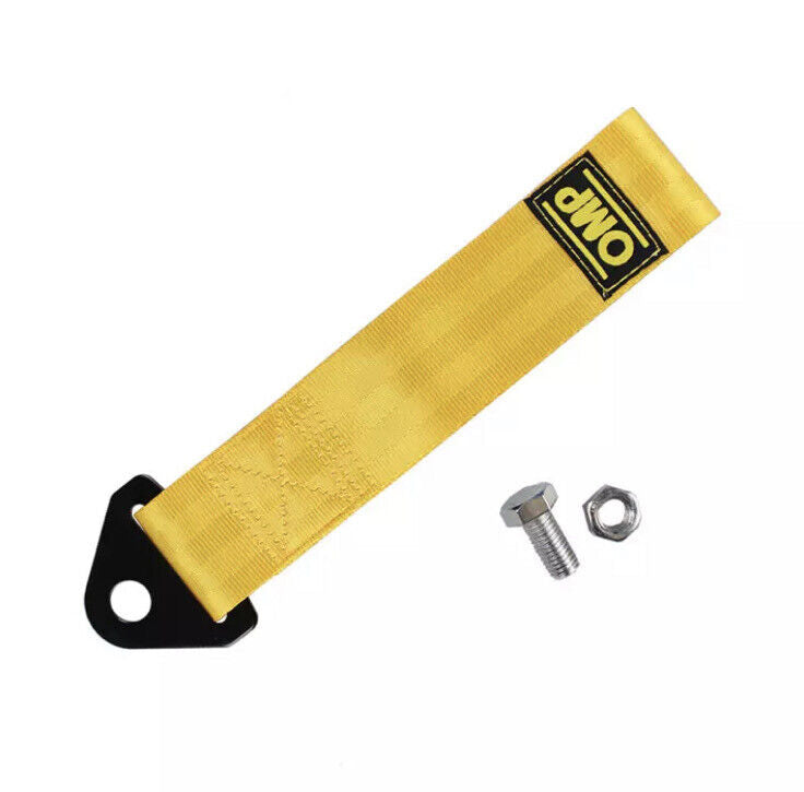 OMP Racing Tow Strap 28cm Yellow Nylon With Fixing Bolt JDM Style Tow Rope 2T