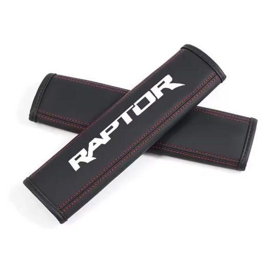 Ford Ranger Raptor PU Leather Seatbelt Shoulder Cover Pads Black With Red Stitch