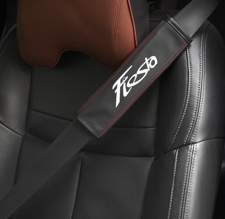 Ford Fiesta Seatbelt Cover Shoulder Pad Black Leather With Red Stitch 2pcs
