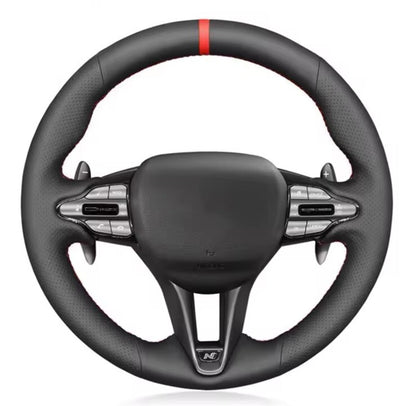 Hyundai I30 Kona Veloster N Leather Steering Wheel Cover Self Stitch Red Thread