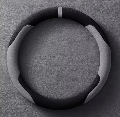 38cm Black & Grey Suede Steering Wheel Cover With Centre Line Universal Fit