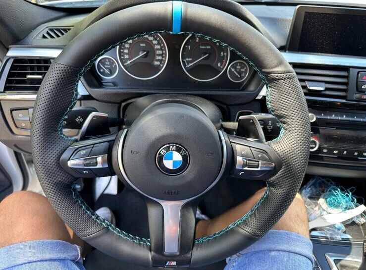 BMW 123456X Series M Sport Leather Steering Wheel Cover Self Stitch Light Blue