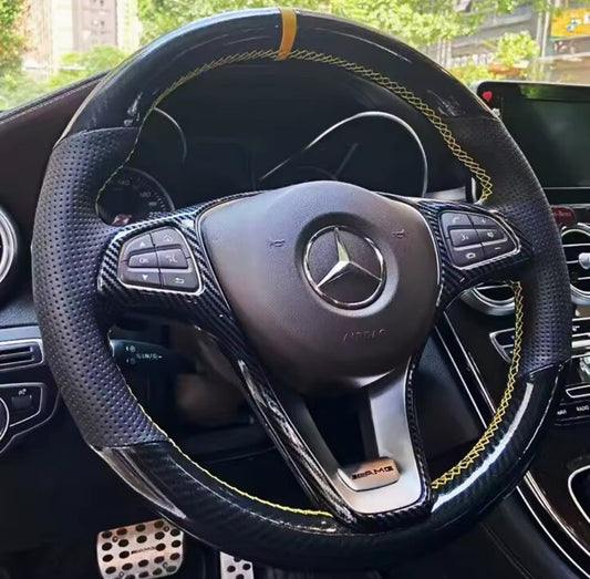 Mercedes W176 W205 W246 C117 C218 Steering Wheel Cover Carbon & Leather Yellow