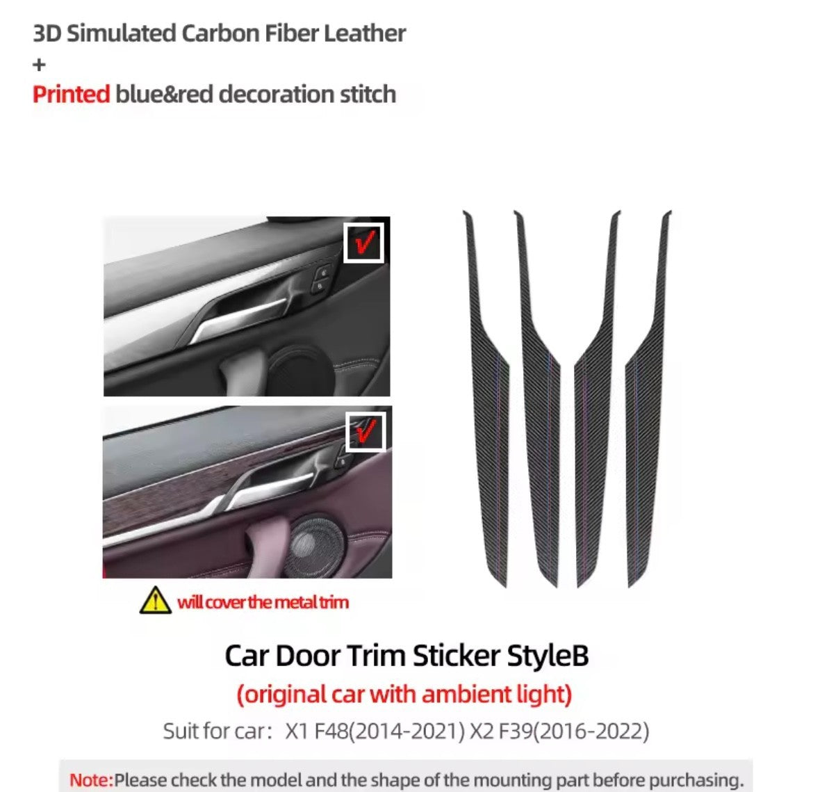BMW X1 F48 X2 F39 2014-2022 Carbon Fibre Door Card Panel Trim Covers 4pcs (B)