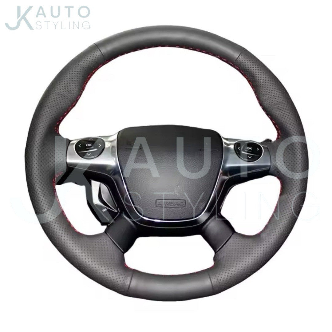 Ford Focus MK3 2012-2014 Kuga Black Leather Steering Wheel Cover Red Stitch