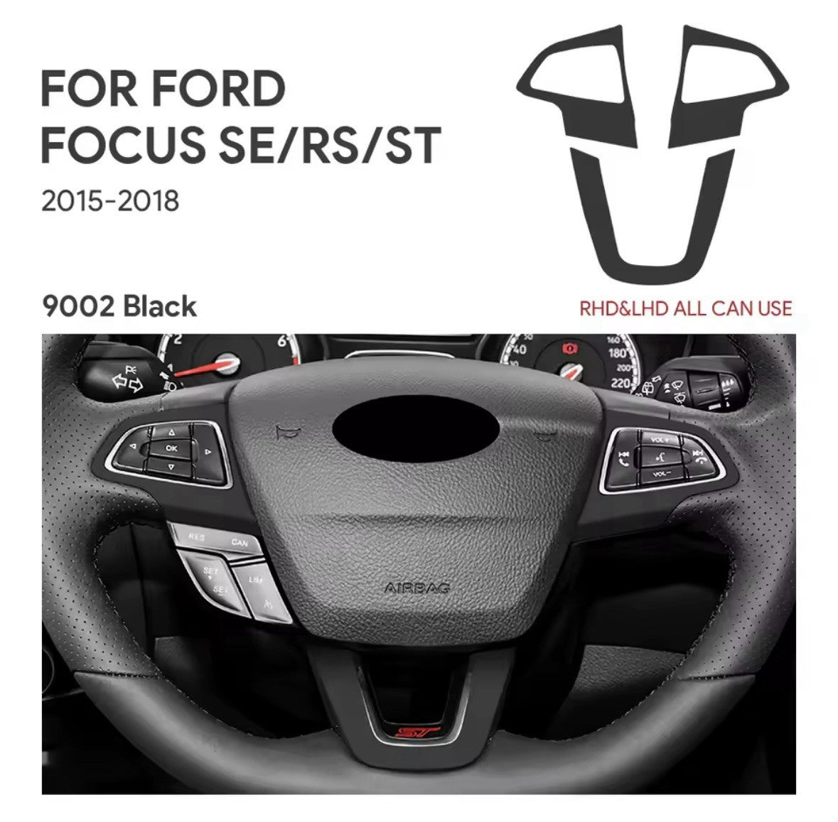 Ford Focus MK3.5 2015-2018 Black Suede Steering Wheel Trim Cover Overlay 3pcs