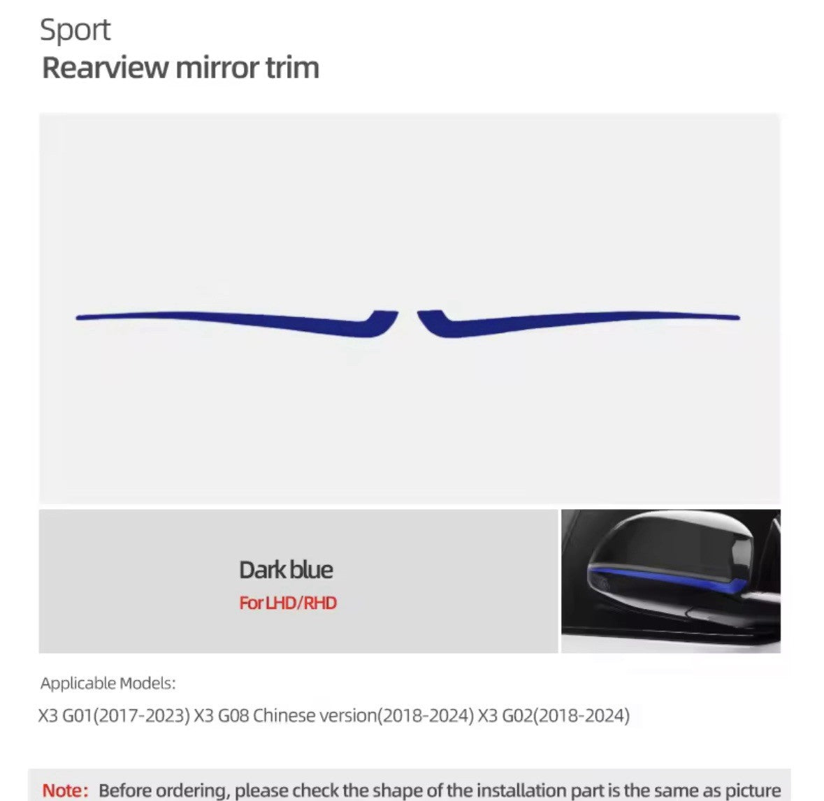 BMW X3 G01 G08 X4 G02 2017-2024 Dark Blue Wing Mirror Liner Strips 2pcs
