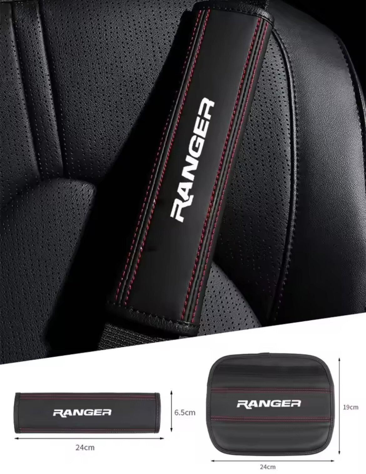 Ford Ranger PU Leather Seatbelt Shoulder Cover Pads Black With Red Stitch