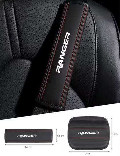 Ford Ranger PU Leather Seatbelt Shoulder Cover Pads Black With Red Stitch
