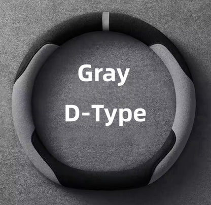 38cm D Shape Black & Grey Suede Steering Wheel Cover + Centre Line Universal Fit