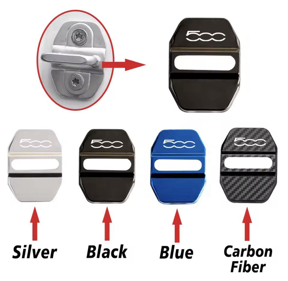 Fiat 500 Black Stainless Steel Door Lock Catch Protector Covers 2pcs Style B