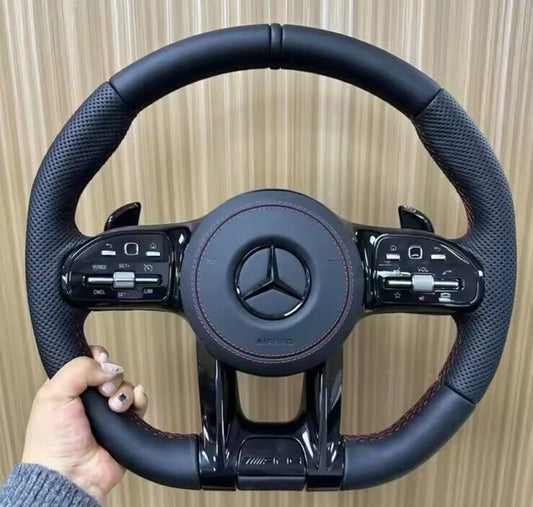 Mercedes Benz AMG Black Leather Steering Wheel Cover Self Stitch With Red Thread