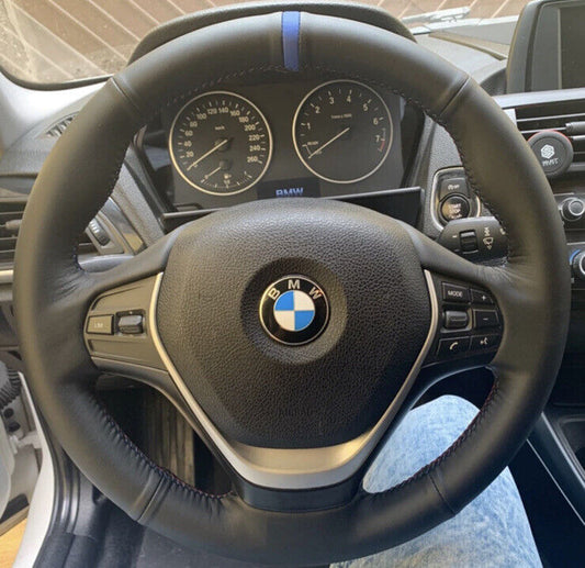 BMW Leather Steering Wheel Cover Red Blue Navy Thread & Blue Centre Line