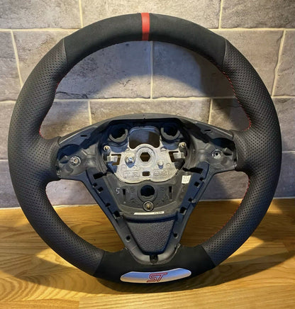 Ford Fiesta ST MK7.5 Genuine Leather + Suede Steering Wheel Cover Red Thread