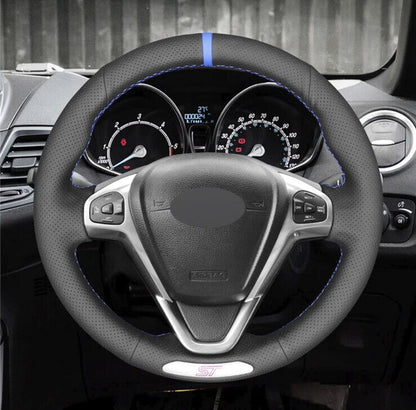 Ford Fiesta ST MK7/7.5 Black Perforated Leather Steering Wheel Cover Blue Thread