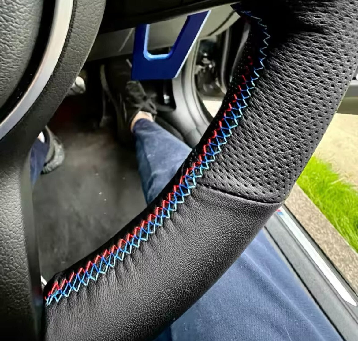 BMW F45 F46 X1 F48 X2 F39 Faux Leather Steering Wheel Cover Self Stitch Blue Red