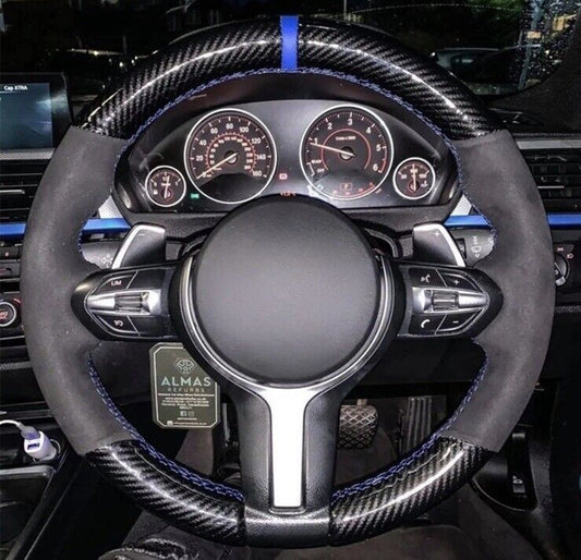 BMW M Sport Suede & Carbon Fibre Steering Wheel Cover DIY Self Stitch Black Blue