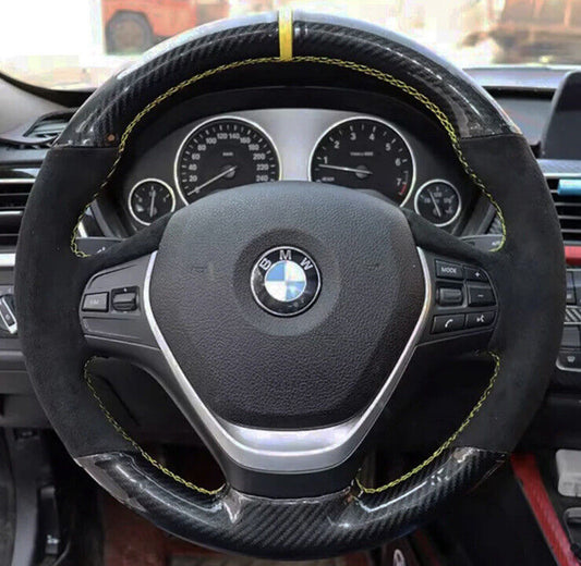 BMW Leather & Carbon Steering Wheel Cover Self Stitch Yellow Thread/Centre Line