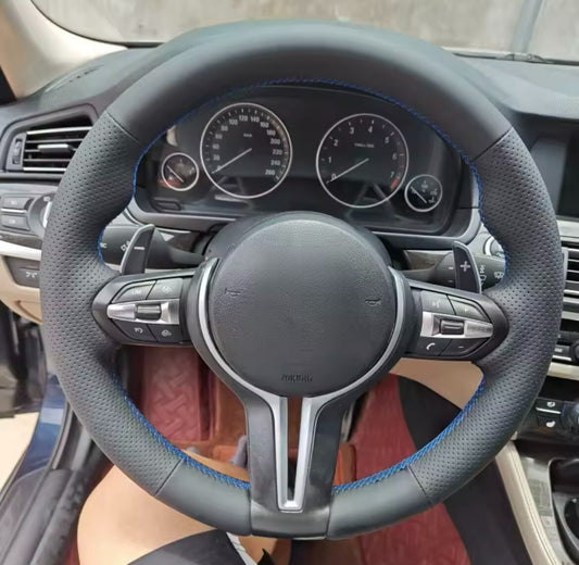 BMW M Sport Self Stitch Steering Wheel Cover Black Faux Leather Blue Thread OEM