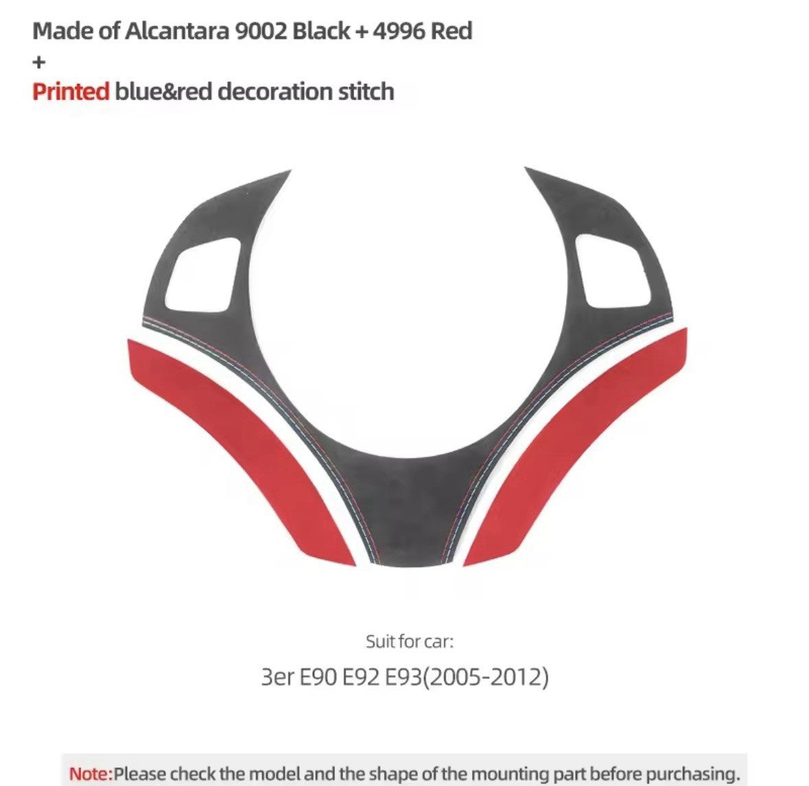 BMW 3 Series E90 E92 E93 M Sport Black & Red Alcantara Steering Wheel Trim Cover