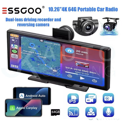 10.26"  Universal Carplay Android Auto Screen Display Dash Cam & Reverse Cam 64G