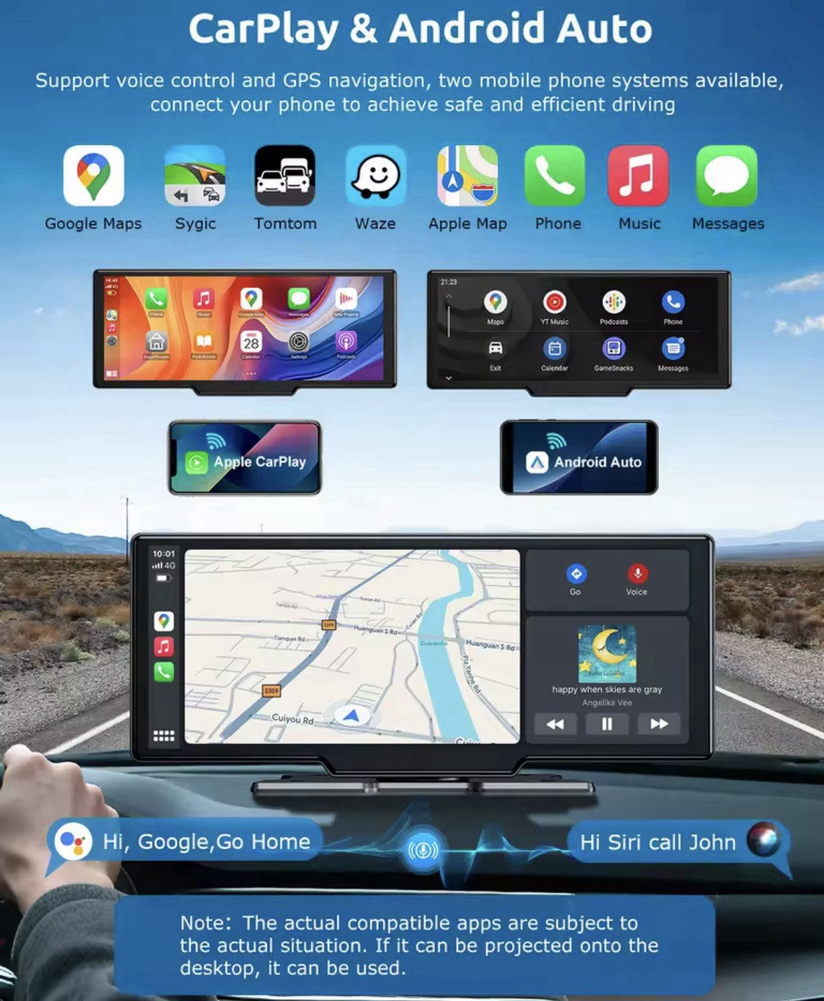 10.26"  Universal Carplay Android Auto Screen Display Dash Cam & Reverse Cam 64G